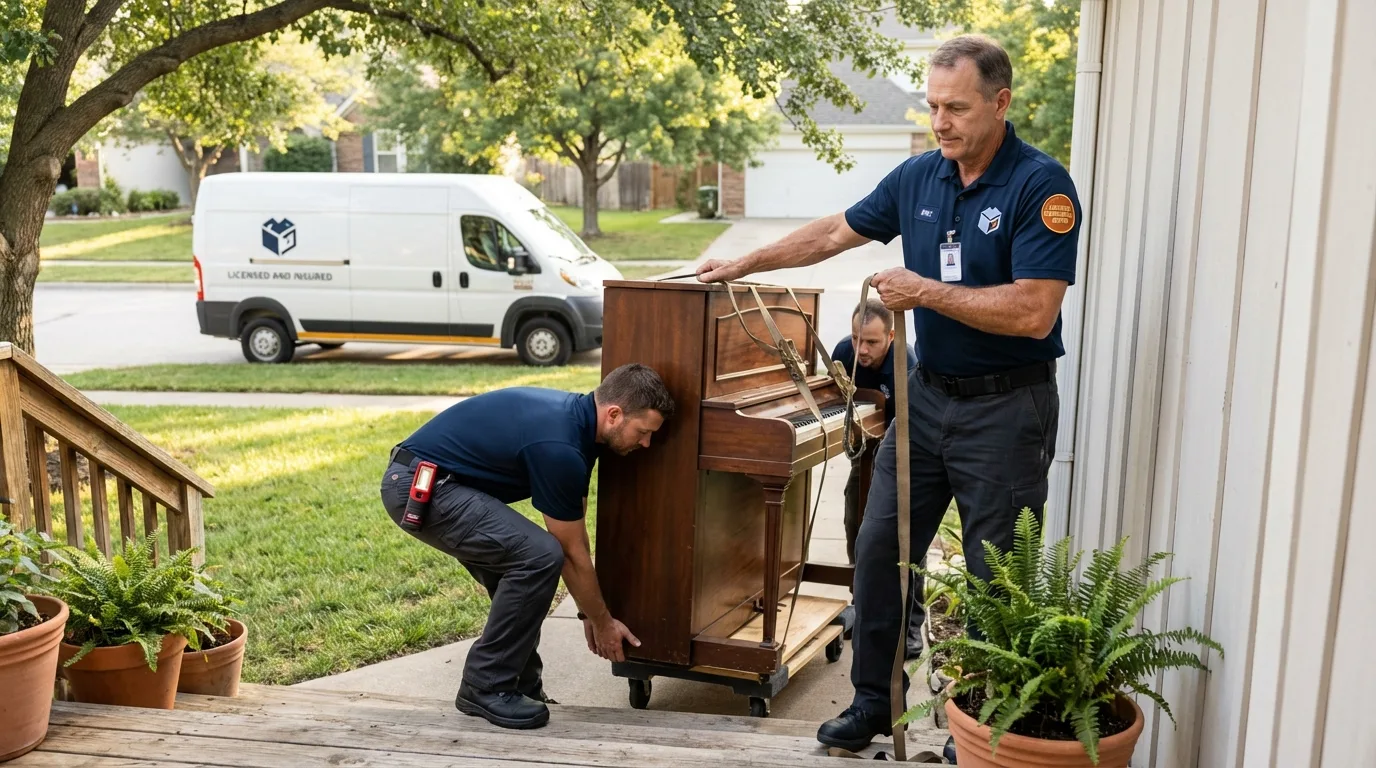 Licensed piano movers securing grand piano in Hanover, VA